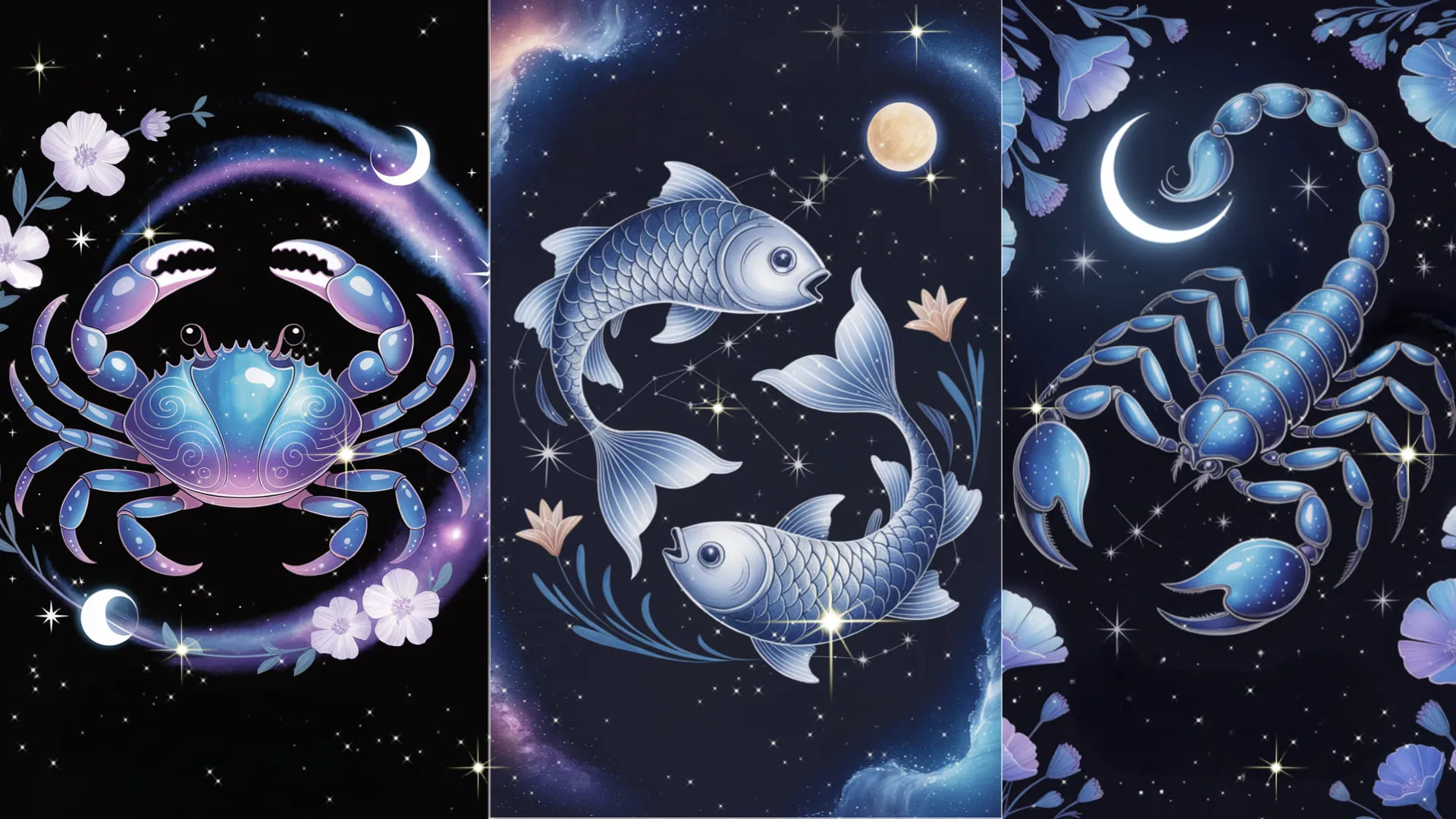 Heart365《百億富爸爸 ‧ 星座解密》水象星座視覺。展示巨蟹、天蠍與雙魚的水象圖騰，喚醒你將直覺化為指引，追隨自己的心，召喚靈魂深處的豐盛。